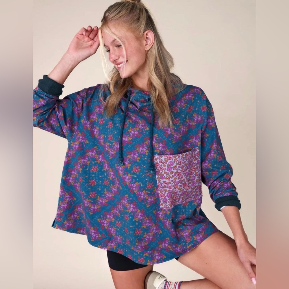 Move Free Hooded Layer Bandana Floral Teal Hoodie by Natural Life